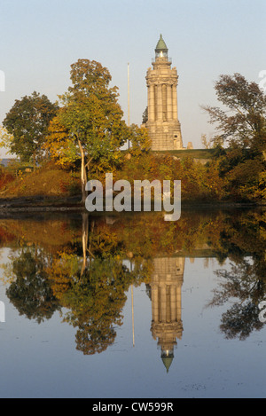 Champlain Memorial and Lighthouse at Crown Point, New York on Lake Champlain Stock Photo