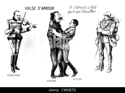 Caricature at the moment of the Germano-Soviet Pact: 'Waltz of Love' (Ribbentrop, Stalin and Hitler) Stock Photo