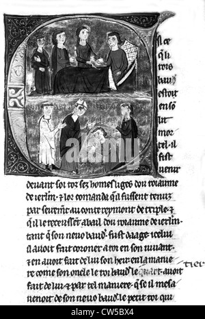 William Tyre 'History Deeds done beyond Sea': above: Death Baudoin IV saying farewell his sister making his liegemen swear Stock Photo