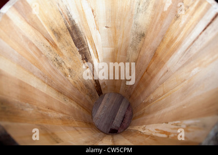 Inside a new wooden barrel, made for grape collection. La Rioja, Spain, Europe. Stock Photo