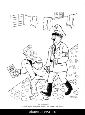 Satirical cartoon by Sennep. Hitler and Mussolini. in 'La guerre en chemise noire' ('war in black shirt') Stock Photo
