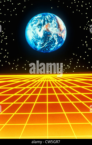 Earth against a starry background above a glowing orange matrix pattern extending to the horizon Stock Photo