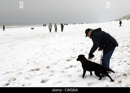 Walkers and dog in the snow on Sylt Stock Photo