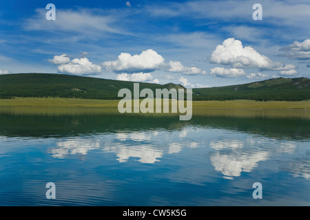 Reflection of clouds in a lake, Lake Khovsgol, Sayan Mountains, Russian-Mongolian Border Stock Photo