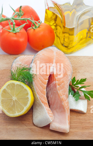 Raw salmon steak closeup in the kitchen Stock Photo
