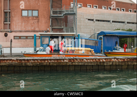 Ambulance boats outside the hospital in Venice Stock Photo