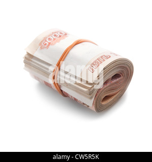 Roll of Russian money with rubber band. Modern five thousandth roubles notes Isolated on white Stock Photo