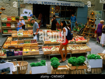 Fruit and vegetable shop and outdoor markets at village of Gourdes in Provence France Stock Photo