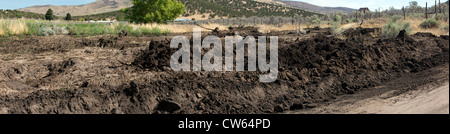 Flood after math showing where water came over a country road, mud and debri threaten farm fields.  Central Utah, summer. Stock Photo