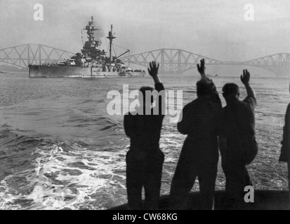 British  battleship 'HMS Royal Sovereign' returning from the U.S.S.R., 1949 Stock Photo