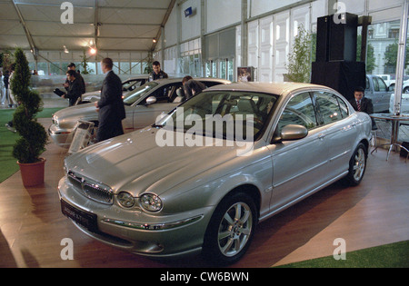 Platinum silver Jaguar X-Type in a motor show in Bucharest, Romania Stock Photo