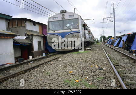 train passing through slums, Indonesia, Java, Jakarta Stock Photo