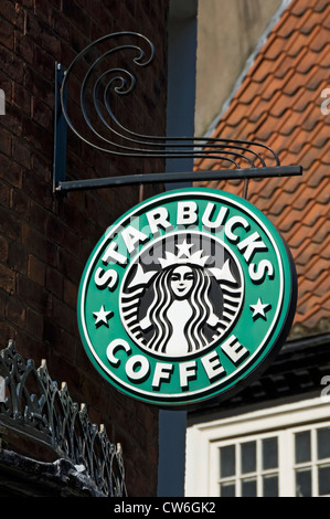 Close up of Starbucks coffee shop cafe signage sign exterior York North Yorkshire England UK United Kingdom GB Great Britain Stock Photo