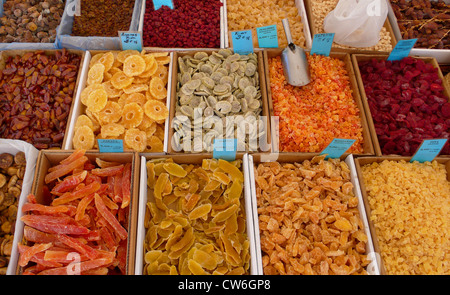 different dried fruits on a weekly market, Spain, Balearen, Majorca, Alcudia Stock Photo