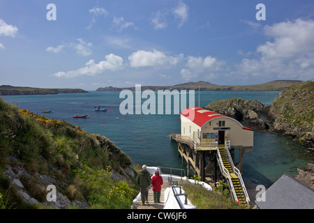 St Justinians Lifeboat Station from St Davids, looking to Ramsey Island in spring sunshine, Pembrokeshire National Park, Wales Stock Photo