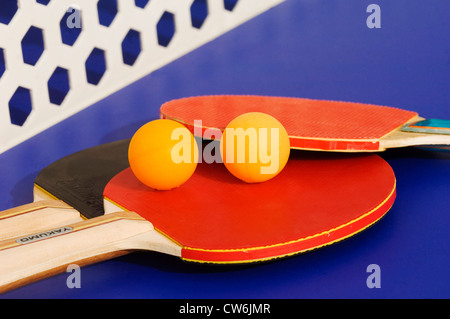table tennis - racket and balls on a table tennis table Stock Photo