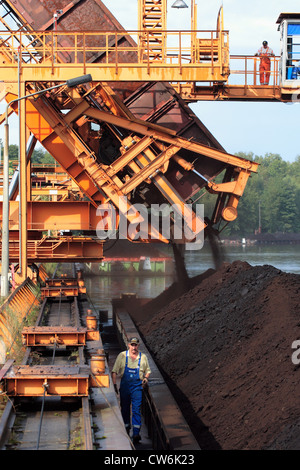 Barge being loaded with coal at the port Koenigs Wusterhausen Stock Photo