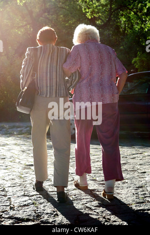 Berlin, a woman helps a pensioner across the road Stock Photo