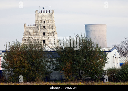 Hindu temple Sri Kamadchi beside the cooling tower of nuclear power stations of VEW, Germany, North Rhine-Westphalia, Ruhr Area, Hamm Stock Photo