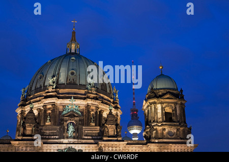 Berlin cathedral, Berliner Dom at blue hour with television tower in background, Germany, Berlin