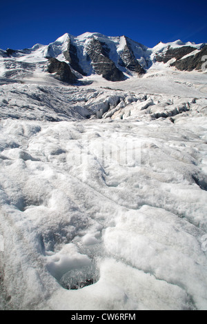 view from the Pers Glacier (Vadret Pers) on Piz Palue, Bellavista and Piz Bernina, Switzerland, Graubuenden, Engadine, Bernina-Diavolezza Stock Photo