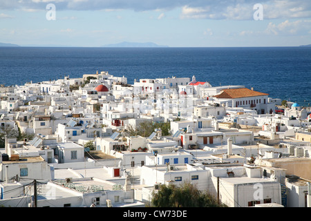 Overlooking Mykonos Town (Hora) on the island of Mykonos towards the Aegean. Stock Photo