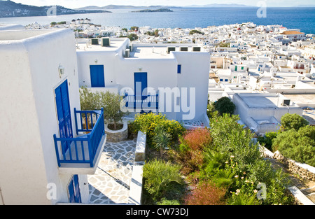 Overlooking Mykonos Town (Hora) on the island of Mykonos towards the Aegean. Stock Photo