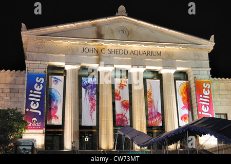 USA Illinois Chicago John G. Shedd Aquarium at night with banners. Stock Photo