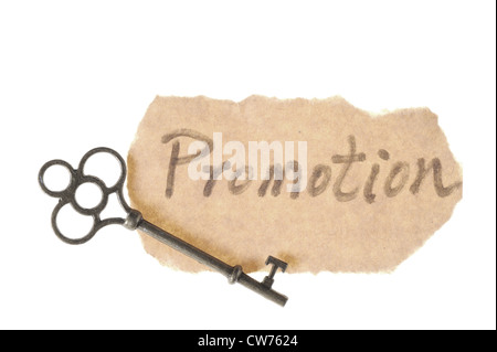 Old key and promotion word isolated on white background Stock Photo