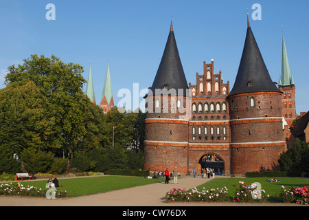 Holsten Gate with Petri Church and cathedral, Germany, Schleswig-Holstein, Luebeck Stock Photo