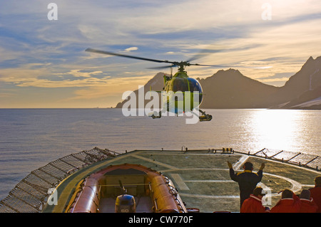 helicopter landing on ship, Antarctica, Livingston Island Stock Photo