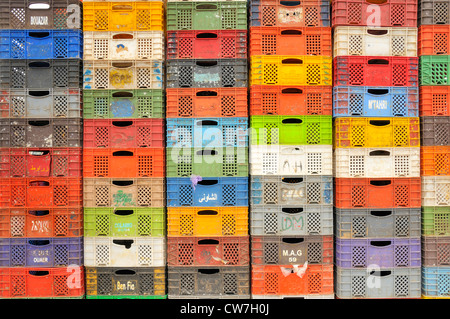 fish boxes in harbour, Morocco, Essaouira Stock Photo