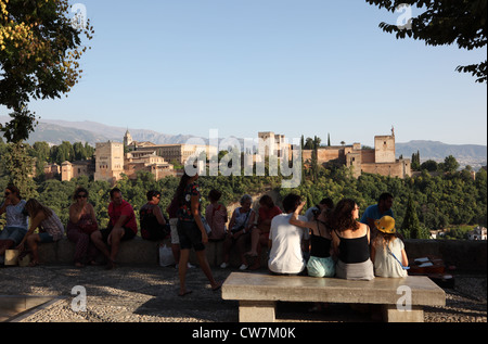Tourists enjoying the view of Alhambra in Granada, Andalusia Spain Stock Photo