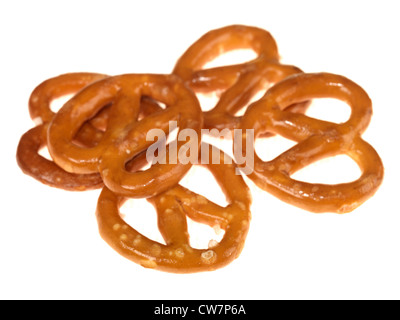 Pile Or Stack Of Salted Pretzels Savoury Snacks Isolated Against A White Background With A Clipping Path And No People Stock Photo