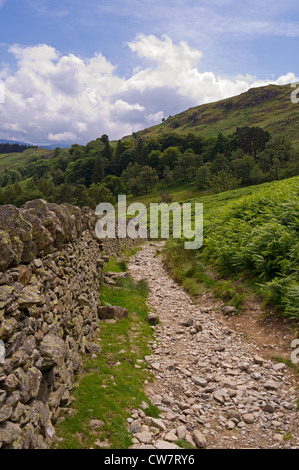 Looking down the footpath from Helvellyn with traditional stone wall which eventually leads to Glenridding Stock Photo