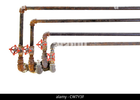 Old Heating Cooling Water Plumbing Pipes with Valves on White Background Stock Photo