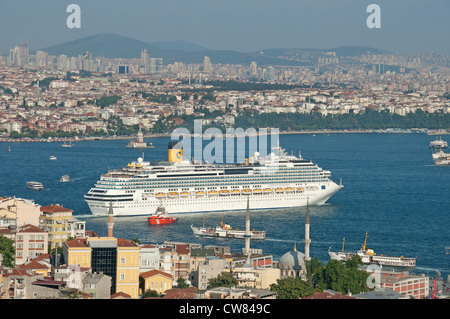 ISTANBUL, TURKEY. A cruise ship (the Costa Favolosa) heads down the Bosphorus towards the Sea of Marmara. 2012. Stock Photo