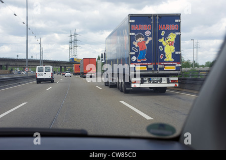 Haribo sweets being delivered by lorry driving on the German autobahn Stock Photo