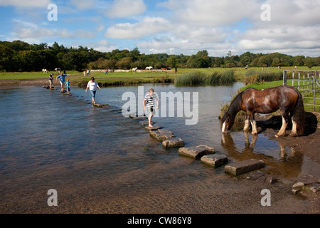 Ogmore Castle, stepping stones across the Ewenny Estuary, Ogmore-by-Sea, Vale of Glamorgan, Wales Stock Photo