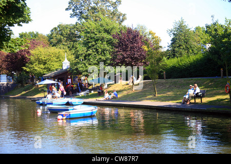 Rowing boats and boat house, Royal Military Canal, Prospect Road, Hythe, Folkestone, Kent, England, UK Stock Photo