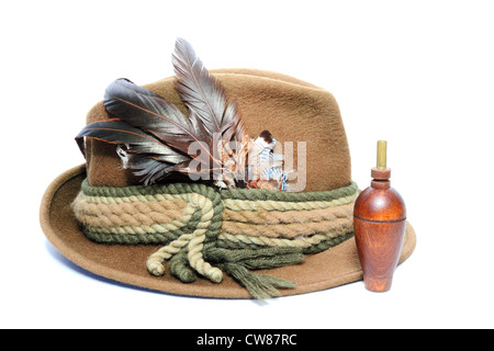 vintage hunting hat and wooden game call for foxes and hazel grouse Stock Photo