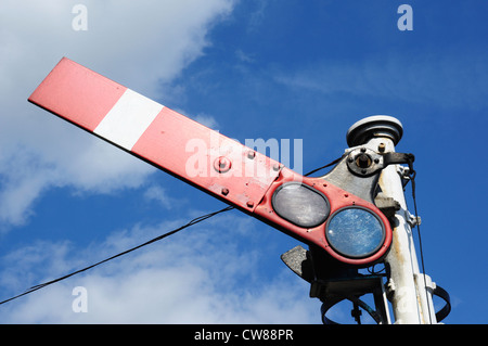 Semaphore signal on the Lakeside & Haverthwaite Railway, Cumbria, England, UK Stock Photo