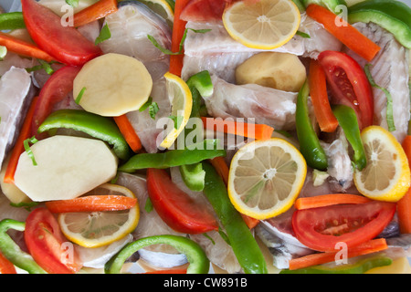 Catfish meat prepared with vegetables ready to be put in the oven. Nice colors Stock Photo