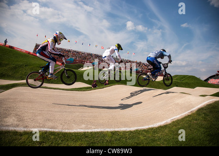 Action in the Men's Cycling BMX event at the Olympic Summer Games, London 2012 Stock Photo