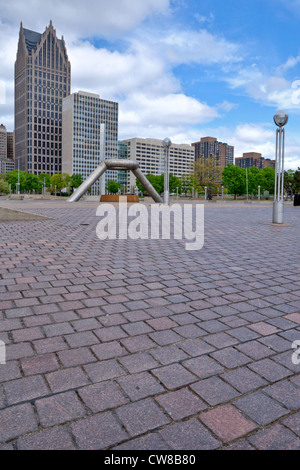 The Detroit Renaissance Center as seen from Hart Plaza. The Dodge fountain is in the foreground. It is a summer day. Stock Photo