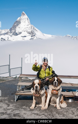 Gornergrat Peak, Switzerland. St. Bernard dog and Matterhorn from atop Gornergrat. Stock Photo