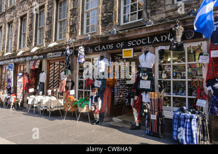 Scottish souvenir shop in Edinburgh, selling tartans, kilts, hats and food. Stock Photo