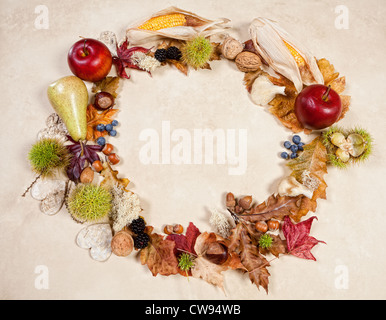 Fall border frame image of autumn fruits nuts and leaves Stock Photo