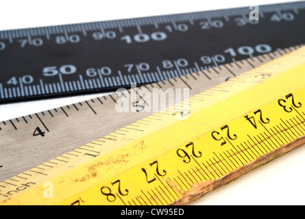 Three different measurement rulers isolated on white background. Stock Photo