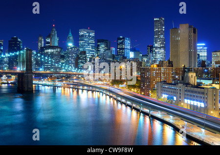 View of the financial district of Manhattan at night in New York City. Stock Photo